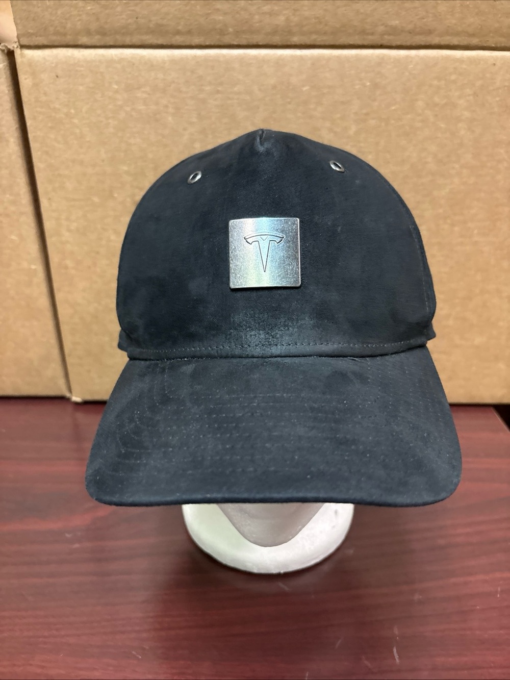 TESLA Icon Suede Hat Vegan T Logo on Metal Badge Adjustable Strap - Black Cap